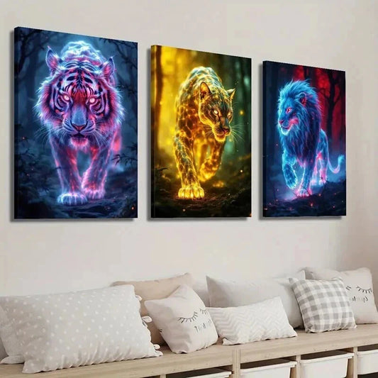 3pcs Glowing Wild Animal Tiger Cheetah and Lion Wall Art Set Canvas Framed 40x60cm - High Quality Print 100% Australian Made Wall Canvas Ready to Hang