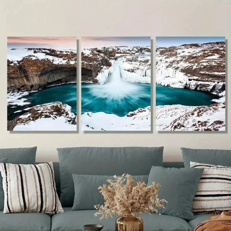 3pcs , Iceland Waterfall Winter Snow Scene Metal Print Ready to Hang Art