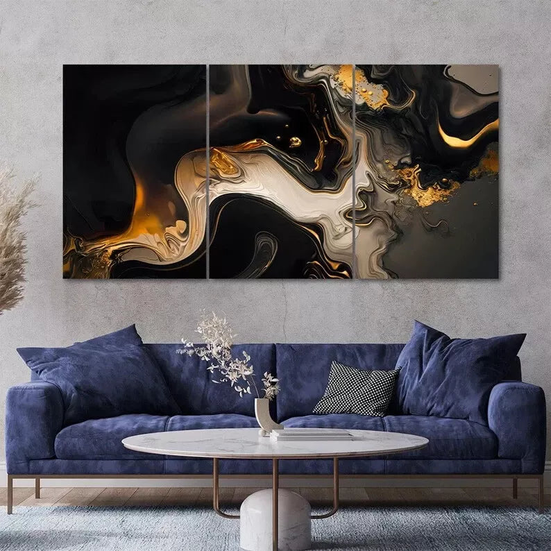 3 Piece Black Gold Marble Luxury Patterns Canvas Framed 40x60cm - High Quality Print 100% Australian Made Wall Canvas Ready to Hang