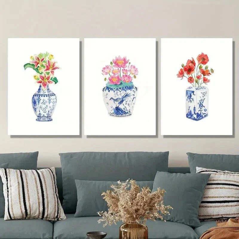3pcs flowers in chinoiserie vase, watercolor Metal Print Ready to Hang Art