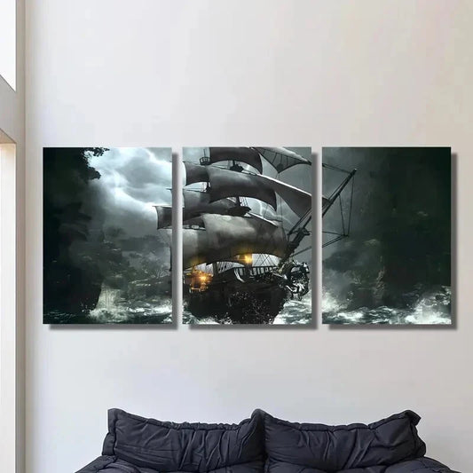 3pcs Pirate Ship in Storm Fantasy Nautical Theme Metal Print Ready to Hang Art