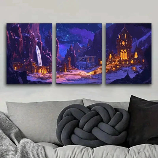 3pcs Ancient Mountain City Dark Colorful Perfect Wall Art Set Canvas Framed 40x60cm - High Quality Print 100% Australian Made Wall Canvas Ready to Hang