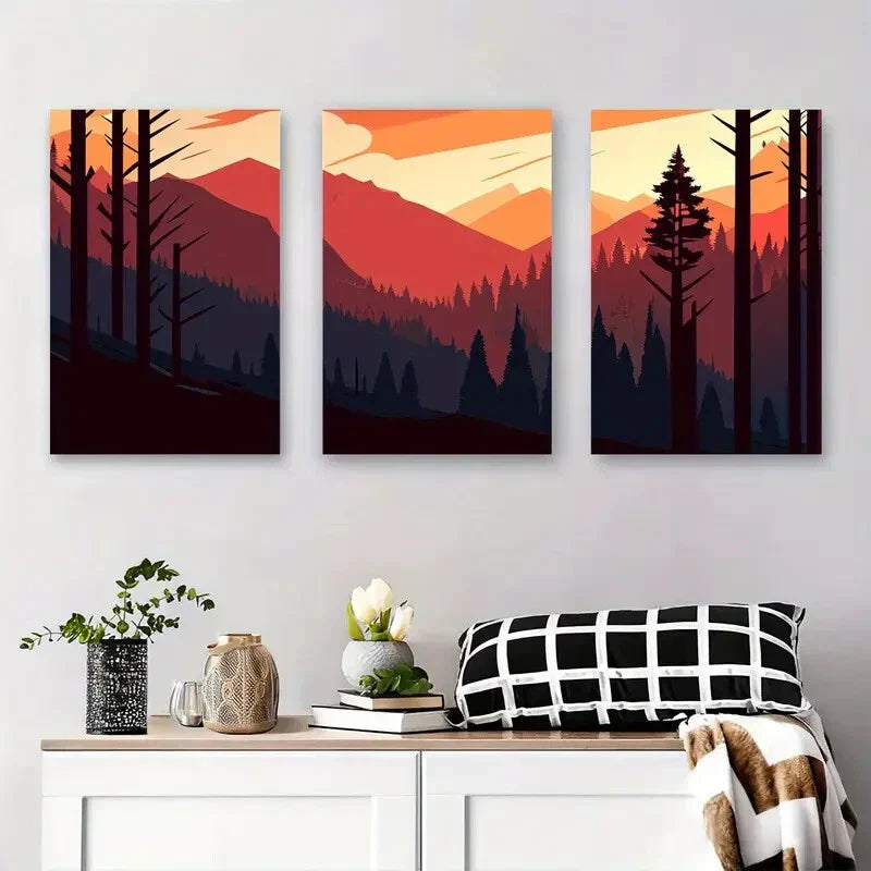 3pcs Vibrant Sunset Mountain Landscape Abstract Metal Print Ready to Hang Art