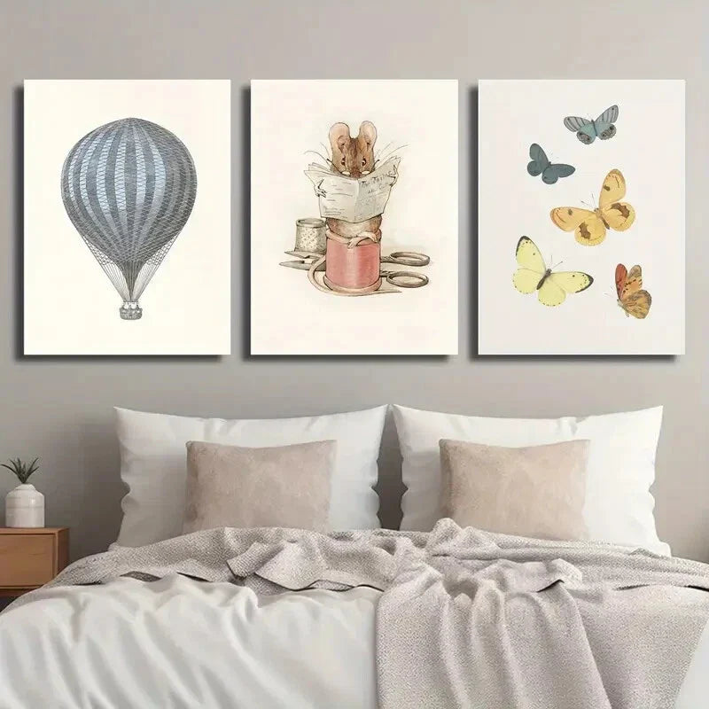 3pcs Vintage Butterfly Hot Air Balloon & Pastel Metal Print Ready to Hang Art