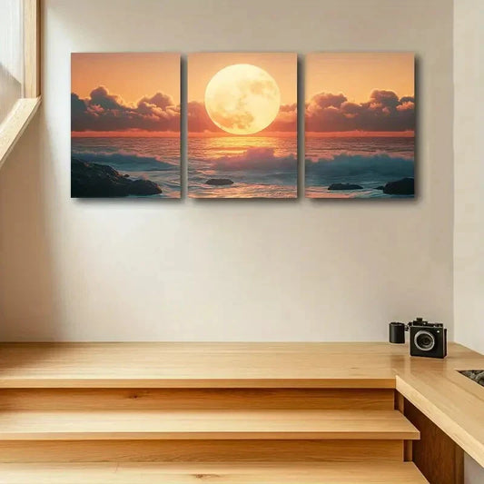 3pcs Vibrant Moonrise over Ocean with Waves Metal Print Ready to Hang Art