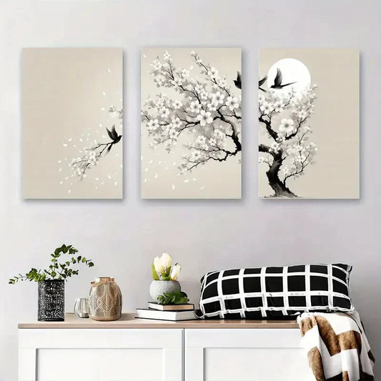 3pcs Serene Plum Blossom Branch with Swallow Metal Print Ready to Hang Art