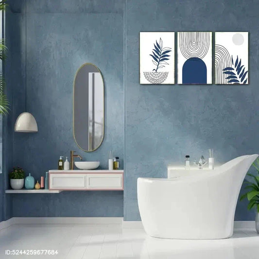 3pcs Abstract Blue Patterns & Leaf Designs Metal Print Ready to Hang Art