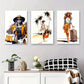 3pcs Stylish Women with Hats, Bags, and Luggage Metal Print Ready to Hang Art