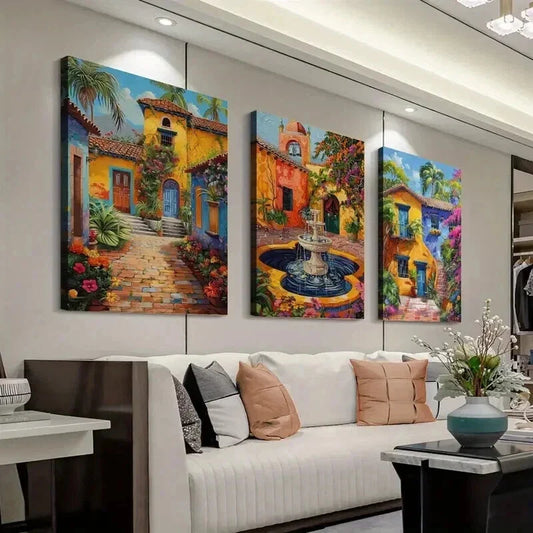 3pcs Mexican Architecture with Floral Design Wall Art Set Canvas Framed 40x60cm - High Quality Print 100% Australian Made Wall Canvas Ready to Hang