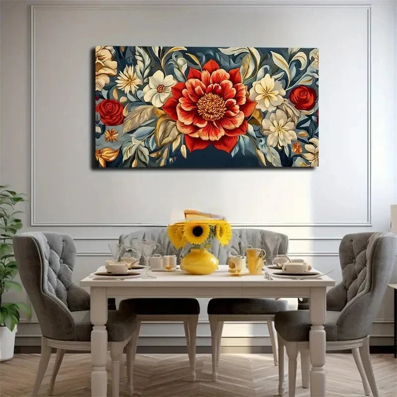 White Flowers On Dark Blue Wall Art Canvas Office Home Room Framed 120x60cm