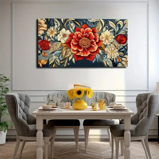 White Flowers On Dark Blue Wall Art Canvas Office Home Room Framed 120x60cm