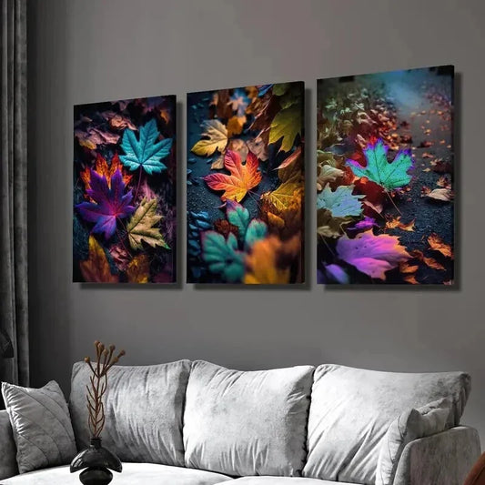 3pcs Colorful Maple Leaf Falling on the Ground Wall Art Set Canvas Framed 40x60cm - High Quality Print 100% Australian Made Wall Canvas Ready to Hang