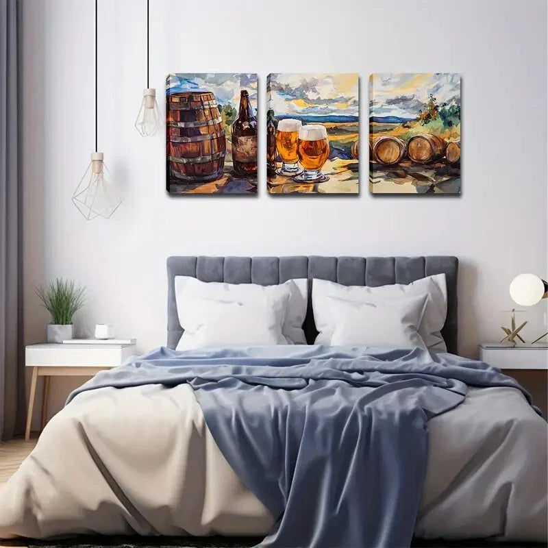 3pcs wooden keg and beer , Wall Art Set Canvas Framed 40x60cm - High Quality Print 100% Australian Made Wall Canvas Ready to Hang