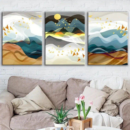 3pcs Golden Line Mountains & Flying Birds Metal Print Ready to Hang Art