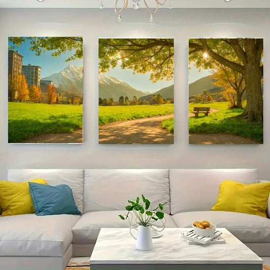 3pcs A Scenic Landscape Featuring a Bench Metal Print Ready to Hang Art