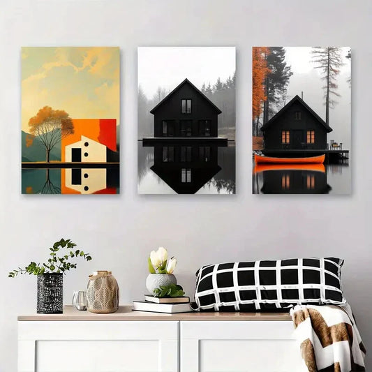 3pcs Modern House and Reflection Black House Metal Print Ready to Hang Art