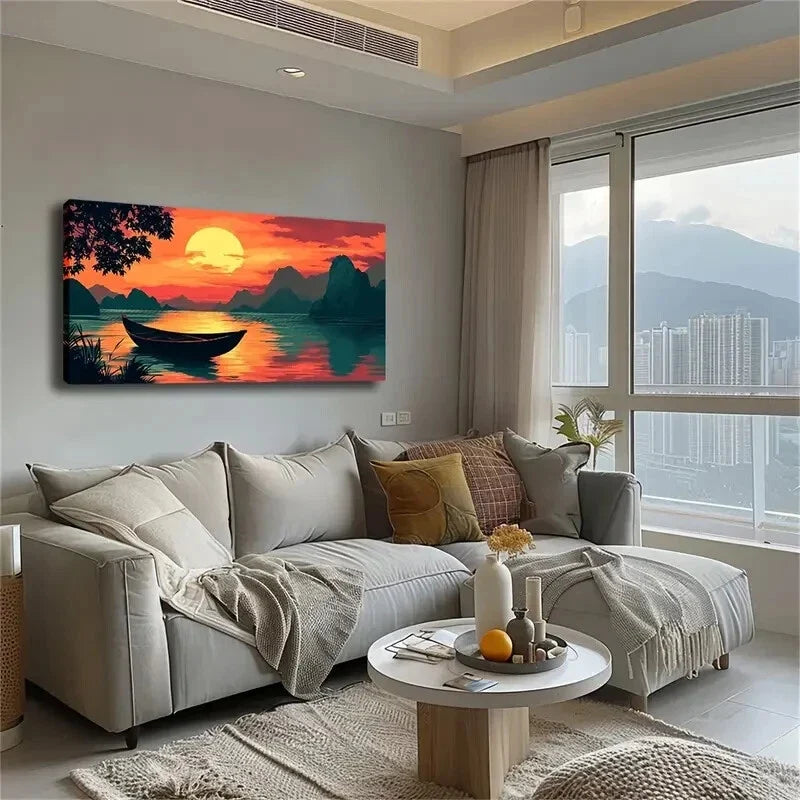Realistic Sunset Landscape Boat Wall Art Canvas Office Home Room Framed 120x60cm