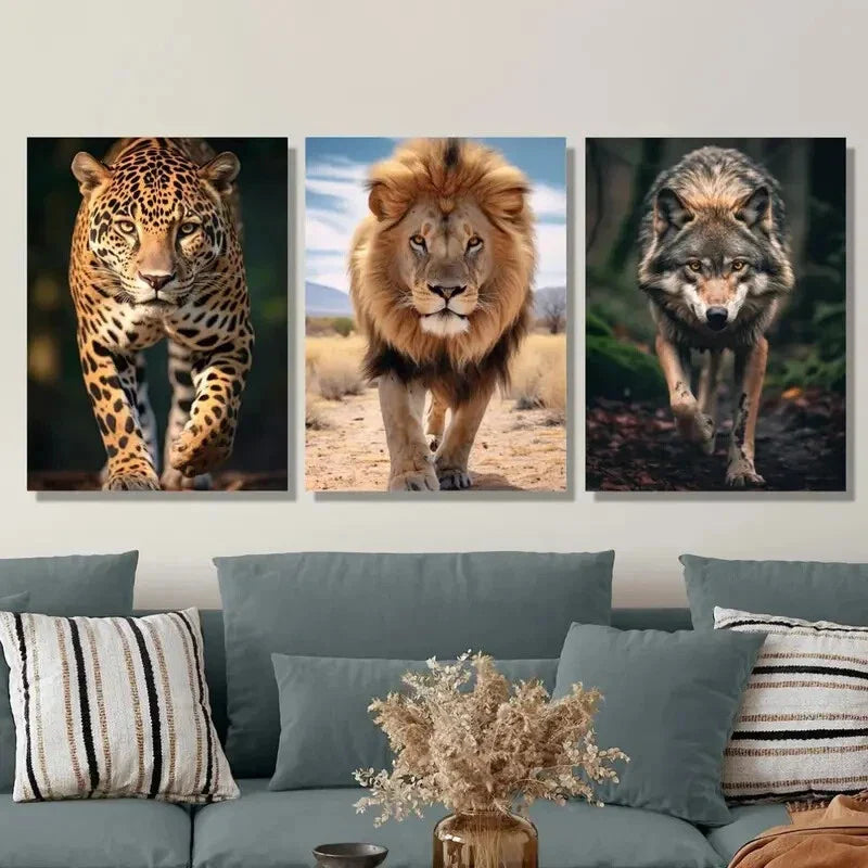 3pcs Including a Jaguar Lion And Brazilian Wolf Metal Print Ready to Hang Art