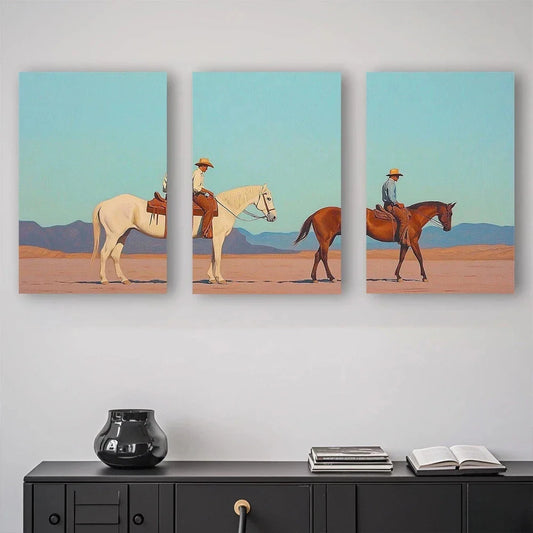 3pcs Horse Riding White and Brown Horse Metal Print Ready to Hang Art