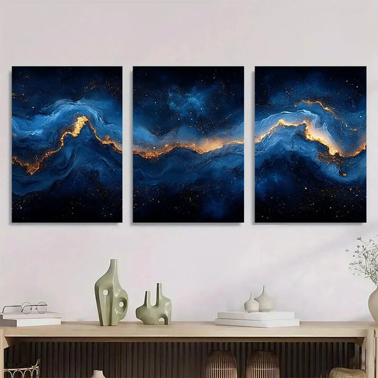 3pcs Blue & Golden Swirling Space Design Metal Print Ready to Hang Art
