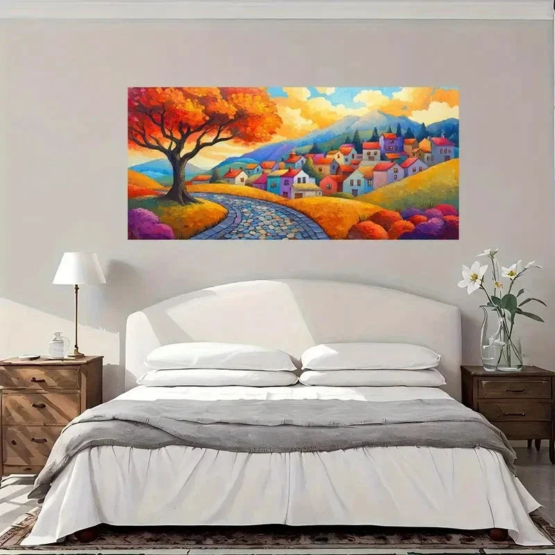 Autumn Village Landscape Wall Art Canvas Office Home Room Framed 120x60cm
