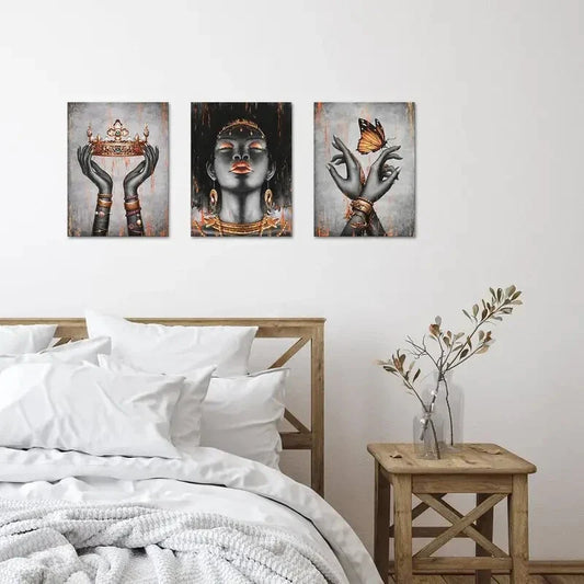 3pcs Orange and Portrait Fashion Black Girl  Metal Print Ready to Hang Art