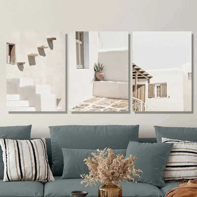 3pcs Greek Pastels, Santorini Mural, Metal Print Ready to Hang Art