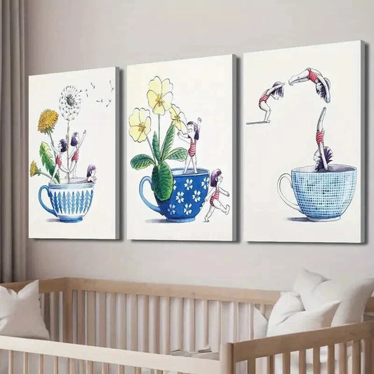 3pcs Floral And Human Painting on Cups Prints Wall Art Set Canvas Framed 40x60cm - High Quality Print 100% Australian Made Wall Canvas Ready to Hang