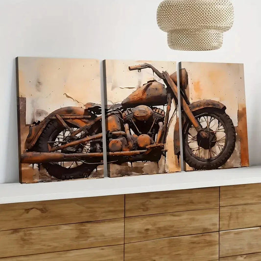 3pcs Modern Art Abstract Motorcycle Brown Art Wall Art Set Canvas Framed 40x60cm - High Quality Print 100% Australian Made Wall Canvas Ready to Hang