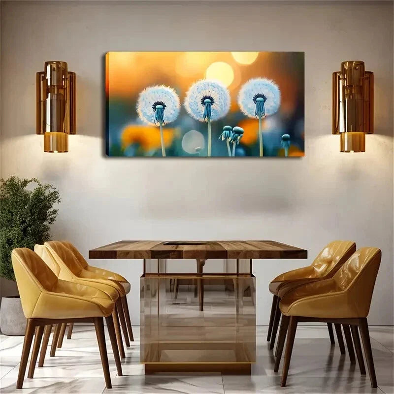 Three Full Dandelions Fluffy Wall Art Canvas Office Home Room Framed 120x60cm