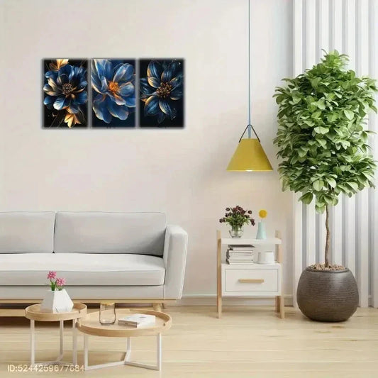 3pcs Blue and Golden Floral Art Deco Poster Metal Print Ready to Hang Art