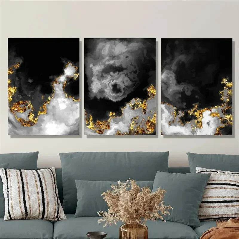 3pcs Black and gold abstract space clouds, Metal Print Ready to Hang Art