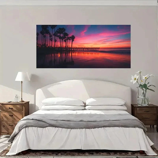 Beach Sunset Palm Trees Wall Art Canvas Office Home Room Framed 80x45cm