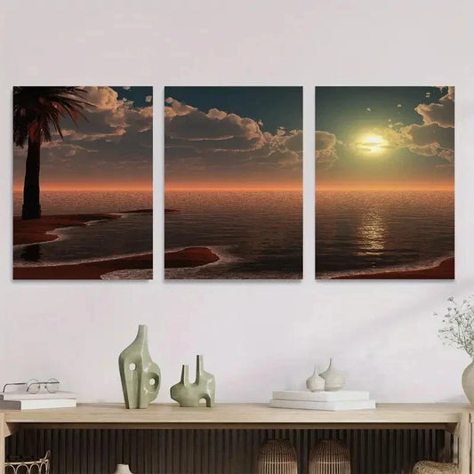 3pcs Sunset Beach Triptych Vibrant Orange & Brown Metal Print Ready to Hang Art