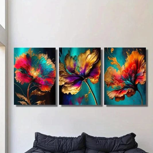 3pcs , Colorful flower art, gilt decorative Metal Print Ready to Hang Art