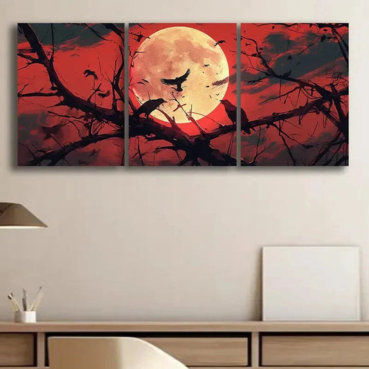 3pcs Crows & Scarlet Moon Black Silhouettes Metal Print Ready to Hang Art