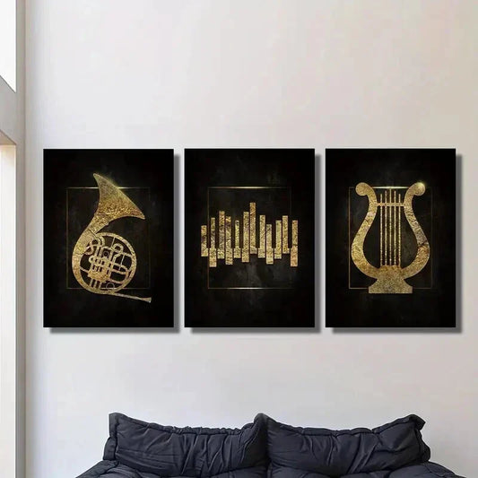 3pcs  Golden musical instrument   Metal Print Ready to Hang Art