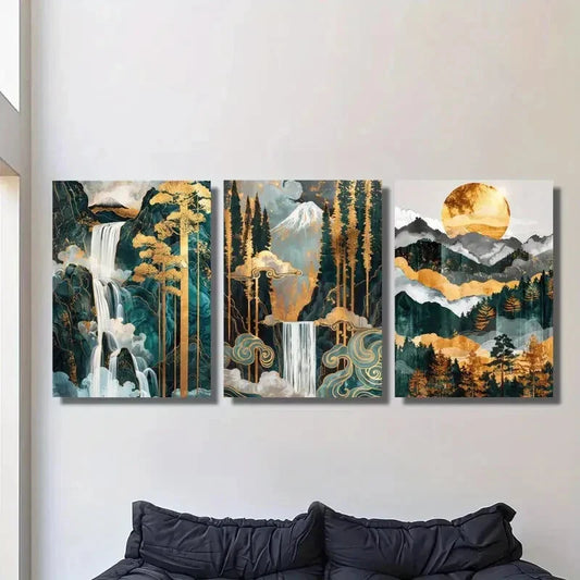3pcs Golden Waterfall & Ink-Dyed Landscape, Metal Print Ready to Hang Art