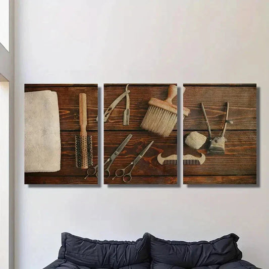 3pcs Vintage Barber Tools Modern Style Metal Print Ready to Hang Art