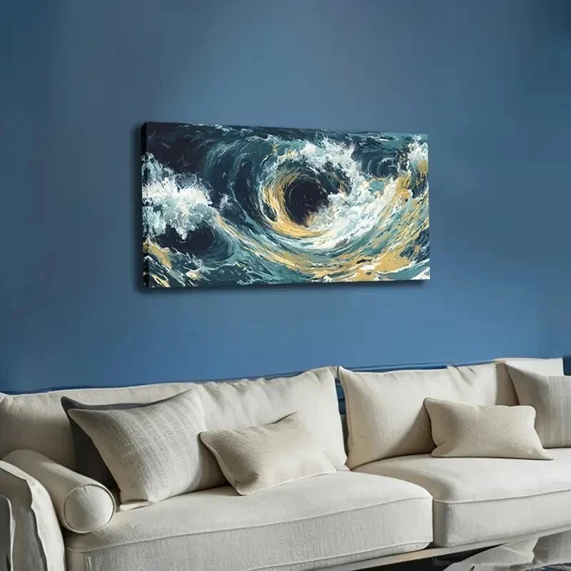 Dramatic Ocean Wave Golden Wall Art Canvas Office Home Room Framed 120x60cm