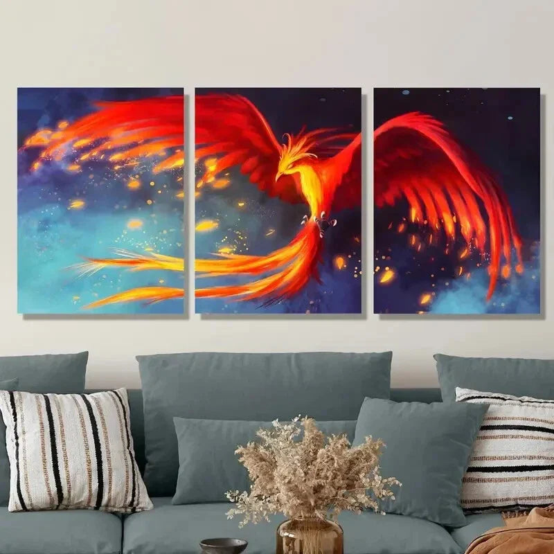 3pcs The Red And Orange Phoenix Isreborn Metal Print Ready to Hang Art