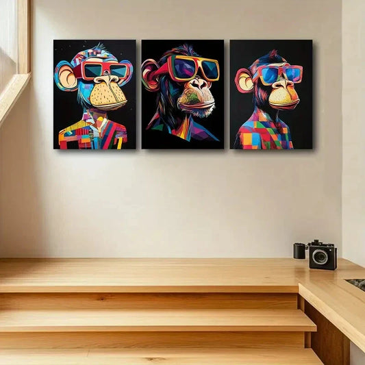 3pcs Fashion Glasses Monkey Print Ready to Hang Art