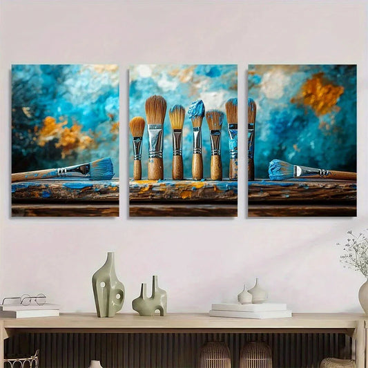 3pcs Vibrant Blue and Orange Paint Brushes Metal Print Ready to Hang Art
