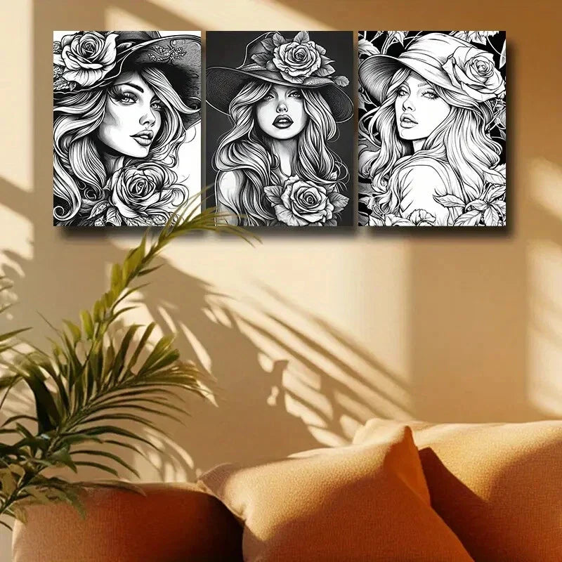 3pcs Elegant Blonde Woman with Roses Design Metal Print Ready to Hang Art