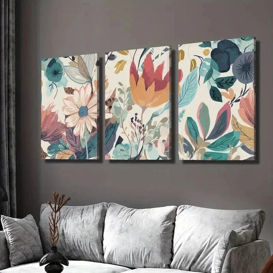 3pcs Boho Floral Vibrant Flowers & Leaves Wall Art Set Canvas Framed 40x60cm - High Quality Print 100% Australian Made Wall Canvas Ready to Hang