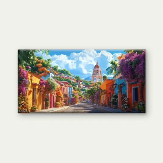Street Colorful Flower Building Wall Art Canvas Office Home Room Framed 80x45cm