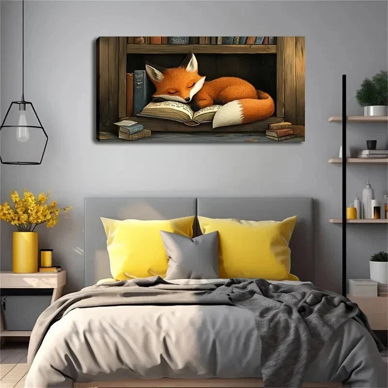 Fox Resting on Books Modern Wall Art Canvas Office Home Room Framed 120x60cm