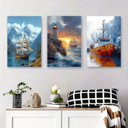 3pcs Sailing Ship Lighthouse & Fishing Boat Ocean Metal Print Ready to Hang Art