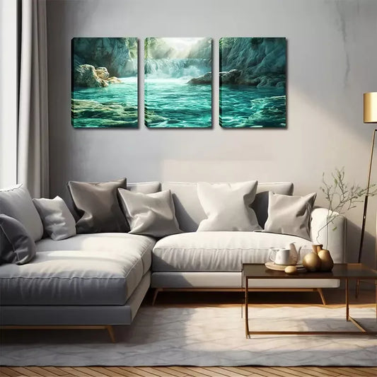 3pcs Serene Green Lake Scene with Waterfall  Wall Art Set Canvas Framed 40x60cm - High Quality Print 100% Australian Made Wall Canvas Ready to Hang