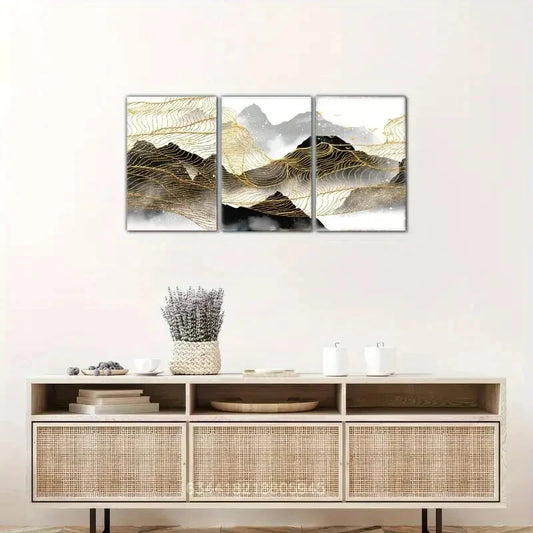 3pcs Black and white ink distant mountains Metal Print Ready to Hang Art